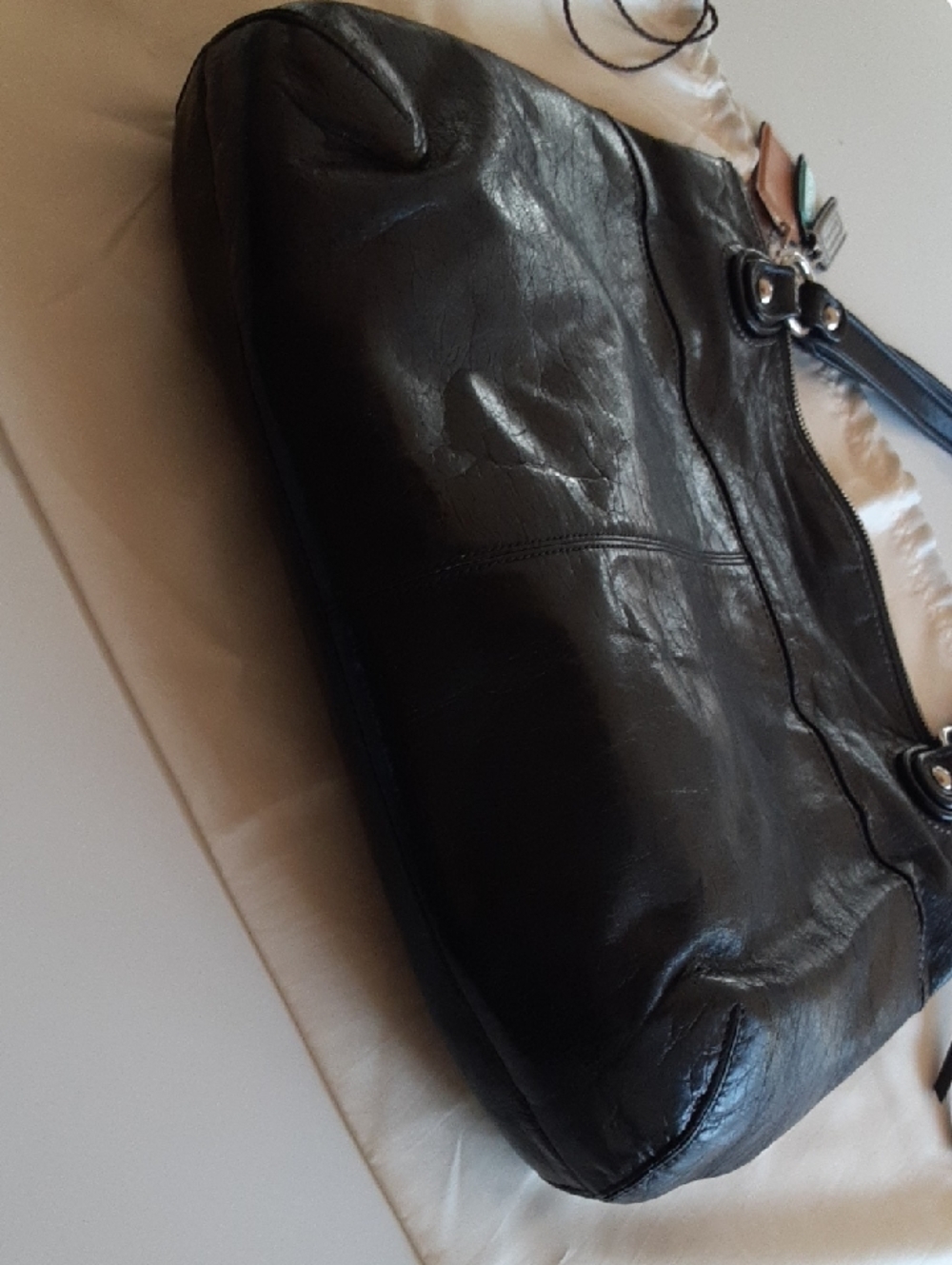 COACH Signature Poppy Glam Black Glazed Distressed Leather Tote Bag - Picture 6 of 11